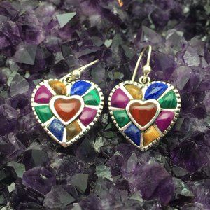925 Silver Heart Multi Gemstone Earrings Hook Style Earth Love